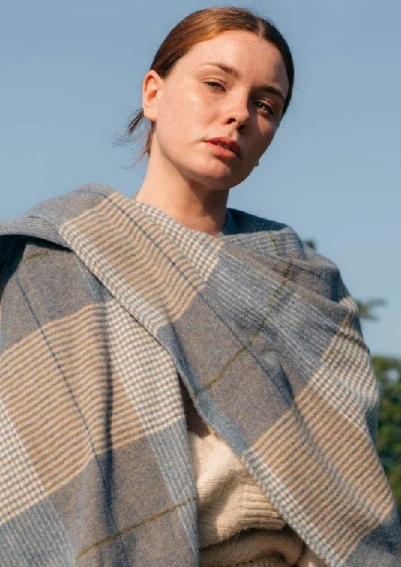 Women's Wrap Around Cloak-John Hanly Lambswool Cape | Cream Taupe & Denim Check