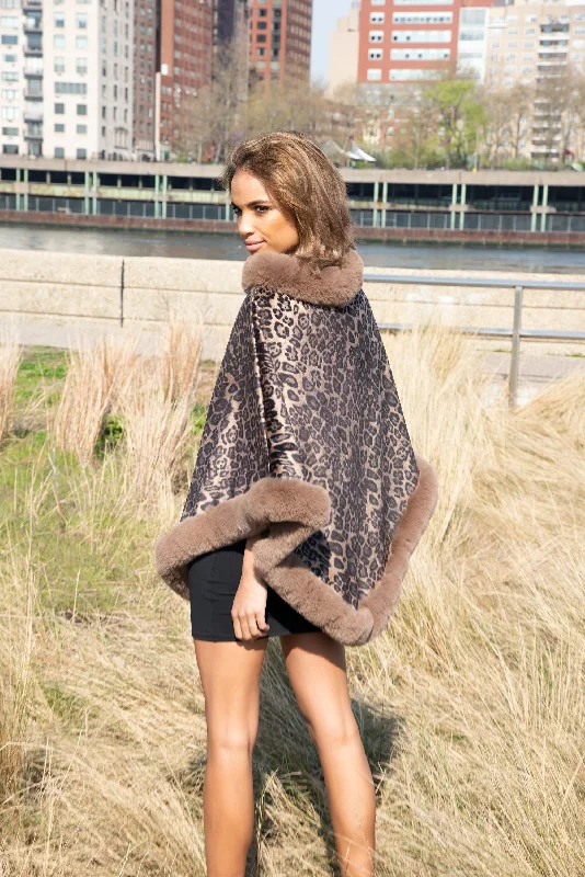 Women's Hooded Cloak with Lining-Leopard Poncho with Faux Fur Trim-Brown