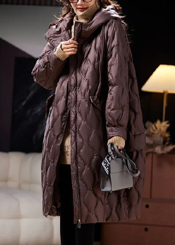Women's Padded Down Coat-Loose Coffee Hooded Pockets Winter Coat