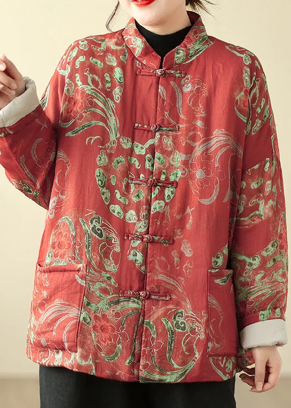 Women's Down Coat for Warmth and Style-Loose Red Stand Collar Button Print Parka Winter Women's Down Coat for Warmth and Style-Loose Red Stand Collar Button Print Parka Winter