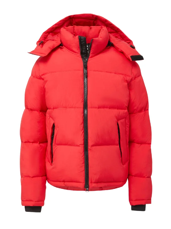 Women's Jackets with Clean Aesthetic-Hooded Puffer - Red