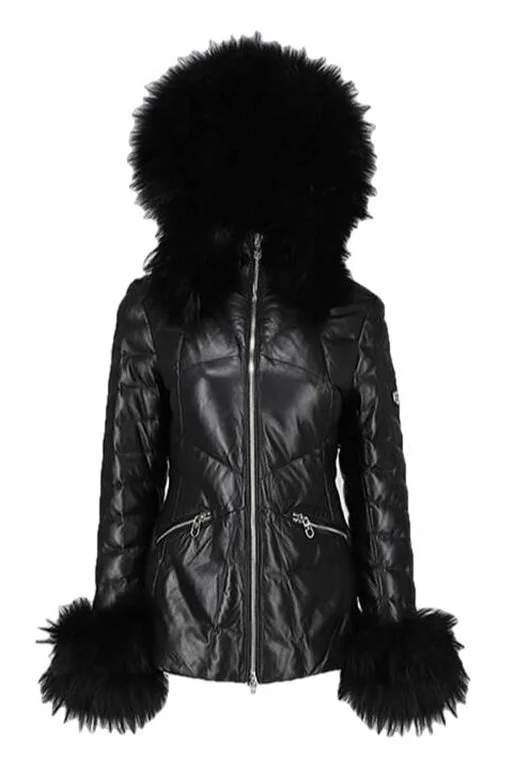 Long Women's Down Coat-Mardi Gras Womens Fur Hooded Leather Jacket