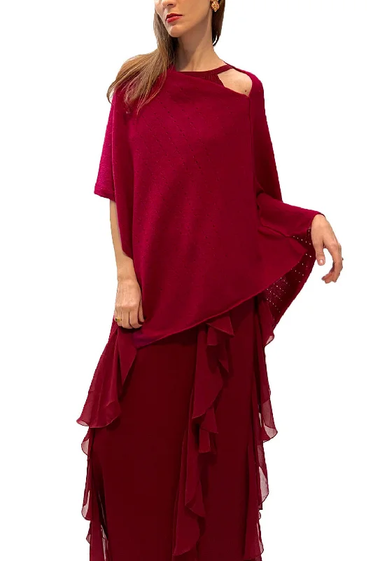 Women's Cloak with Classic Plaid-Maroon red cashmere poncho Multiway
