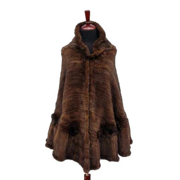 Women's Cloak for Winter Wardrobe-Mink Knit Poncho With Rosettes- Brown