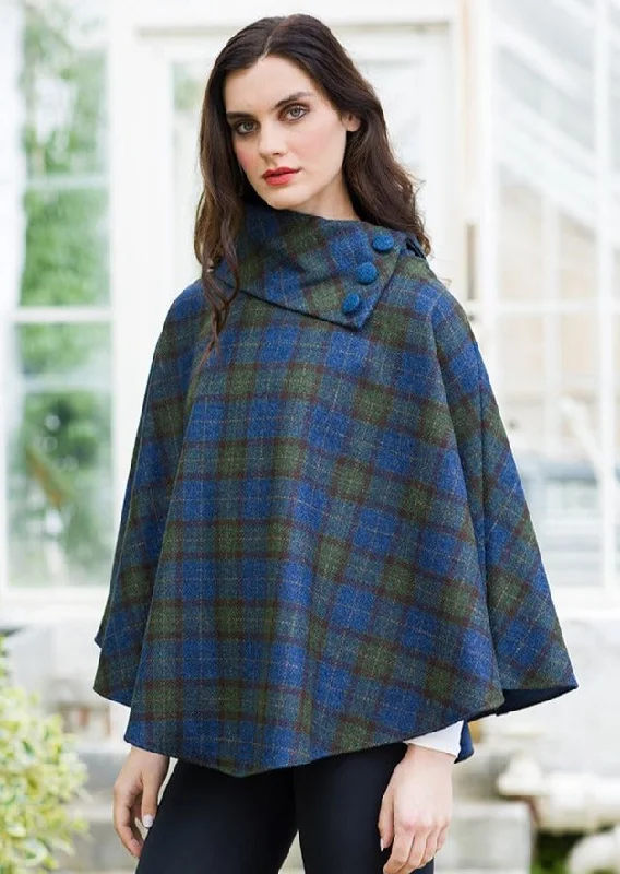 Women's Cloak with Luxurious Texture-Mucros Blue Moss Check Poncho