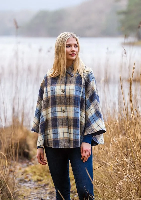 Women's Black Wool Cloak-Mucros Country Cape | Blue Check