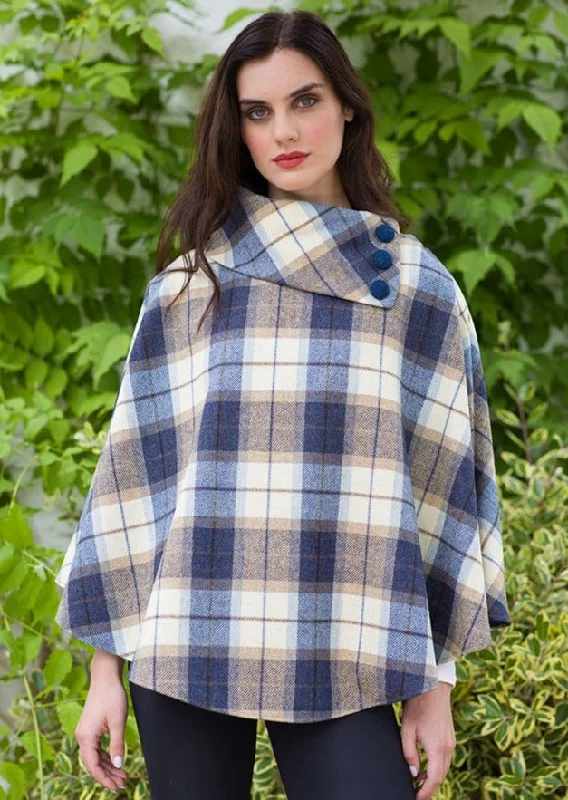Women's Elegant Cloak for Formal Wear-Mucros Poncho | Blue Check