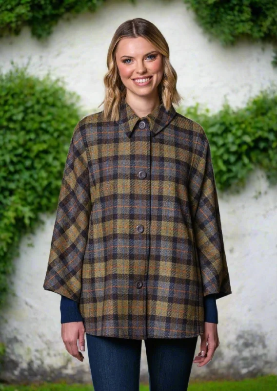 Women's Stylish Plaid Cloak-Mucros Country Cape | Moss Check