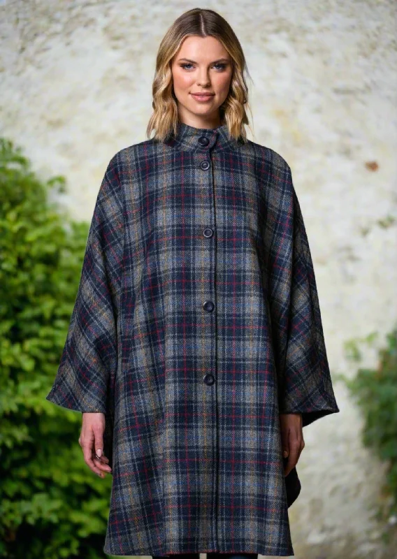 Women's Elegant Hooded Cloak-Mucros Dunloe Cape | Charcoal Check