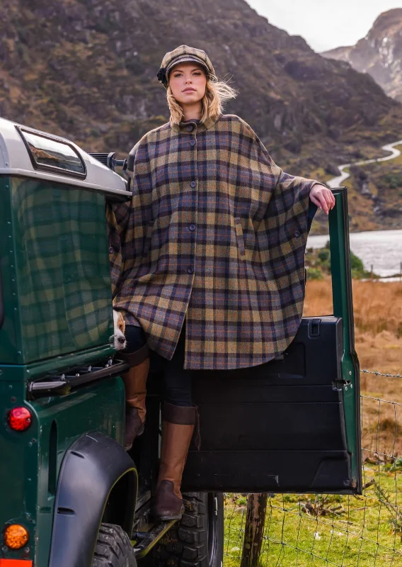 Women's Hooded Cloak with Velvet Finish-Mucros Dunloe Cape | Moss Check