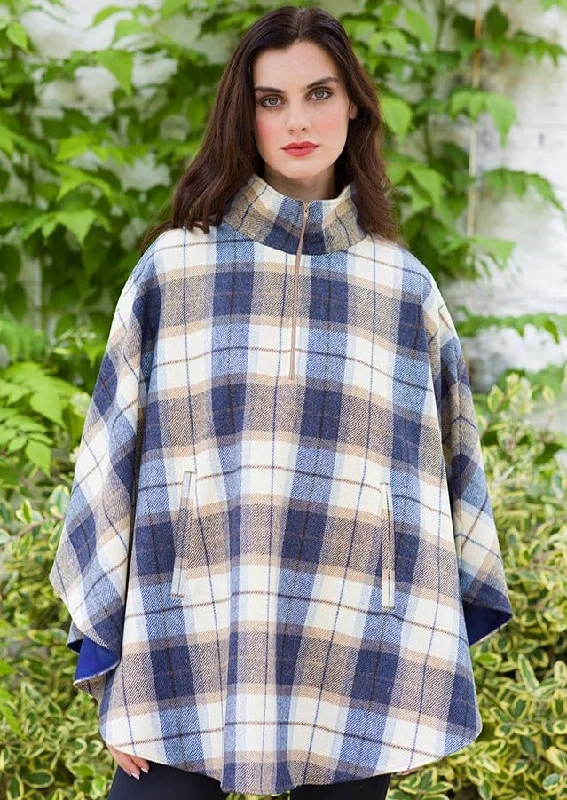 Women's Lightweight Cloak for Spring-Mucros Half Zip Poncho | Blue Check