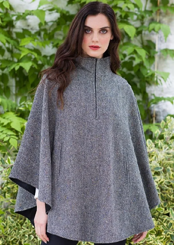 Women's Cloak for Fall and Winter Seasons-Mucros Half Zip Grey Herringbone Poncho