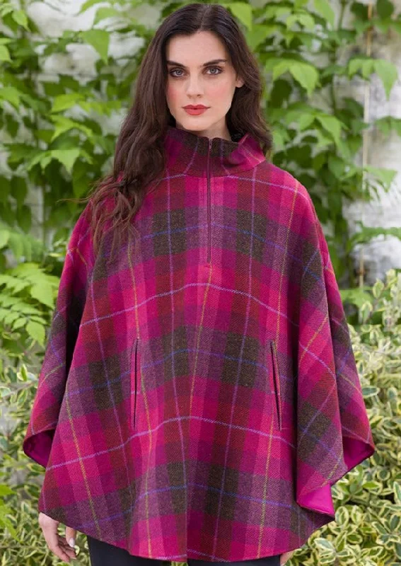 Women's Lightweight Hooded Cloak-Mucros Half Zip Poncho | Pink Check