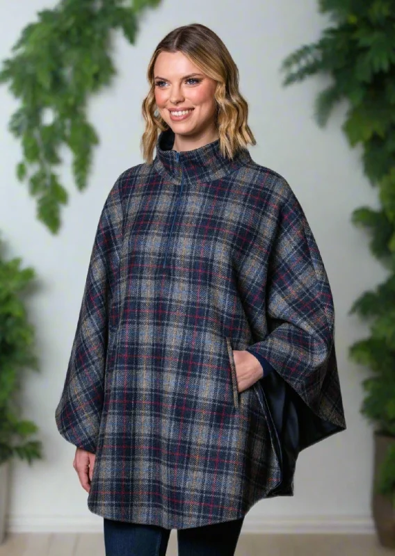 Women's Cloak with Shawl Design-Mucros Half Zip Poncho | Charcoal Check
