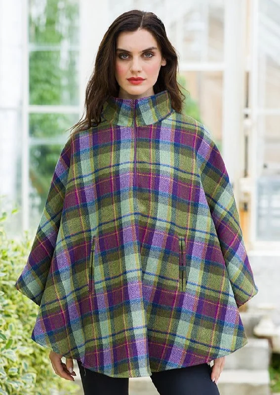 Women's Cloak with Cozy Knit-Mucros Half Zip Poncho | Green Purple Check