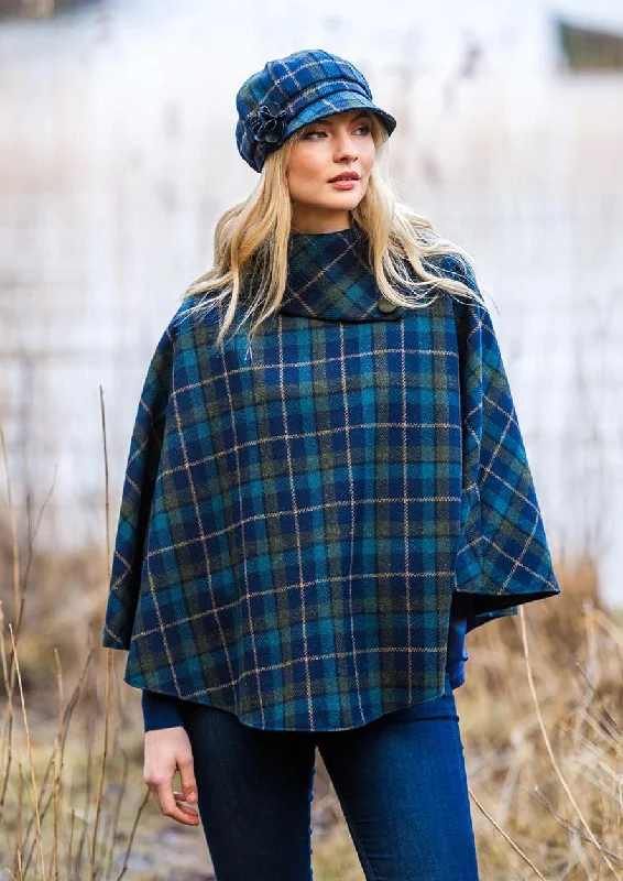 Women's Cloak for Winter Parties-Mucros Poncho | Navy Green Check
