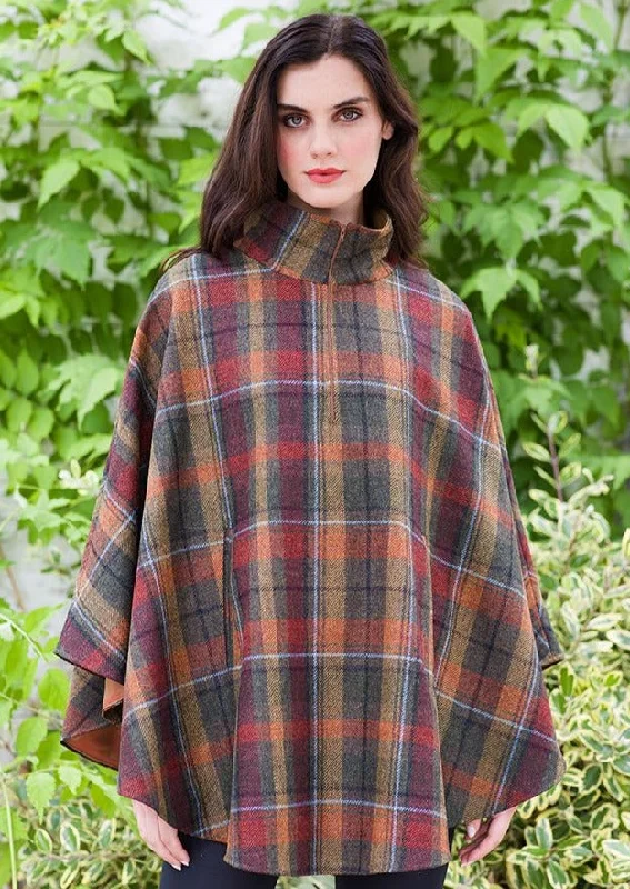 Women's Cloak with Geometric Design-Mucros Half Zip Poncho | Rust Check