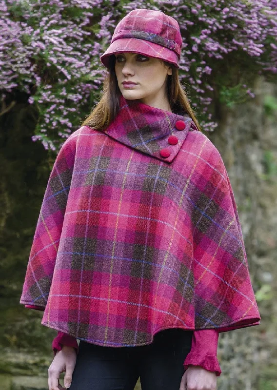 Women's Cloak with Shearling Interior-Mucros Poncho | Pink Check