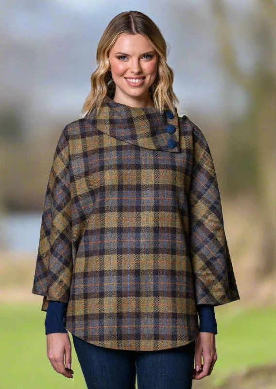 Women's Cloak with Knitted Texture-Mucros Poncho | Moss Check
