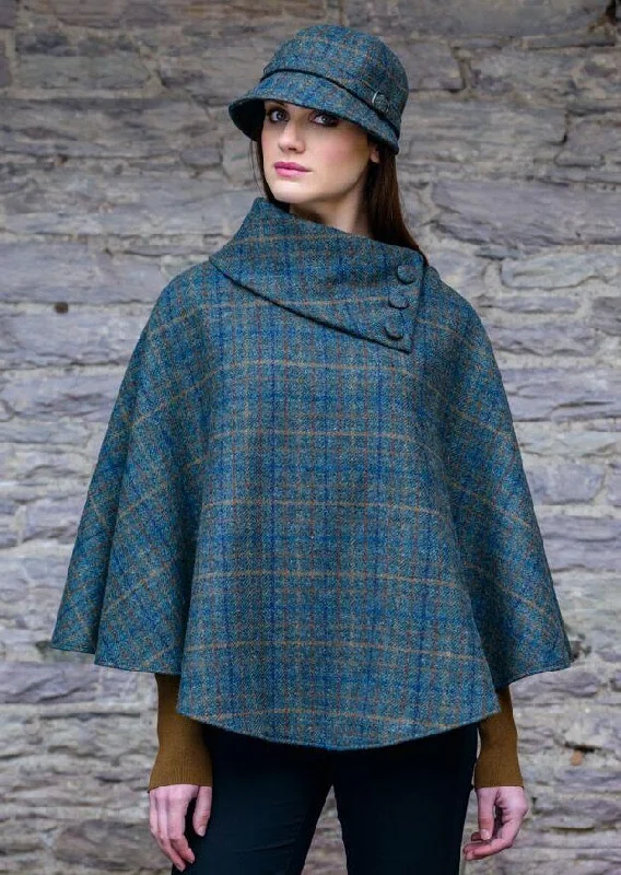 Women's Embellished Cloak-Mucros Weavers Poncho | Green Plaid