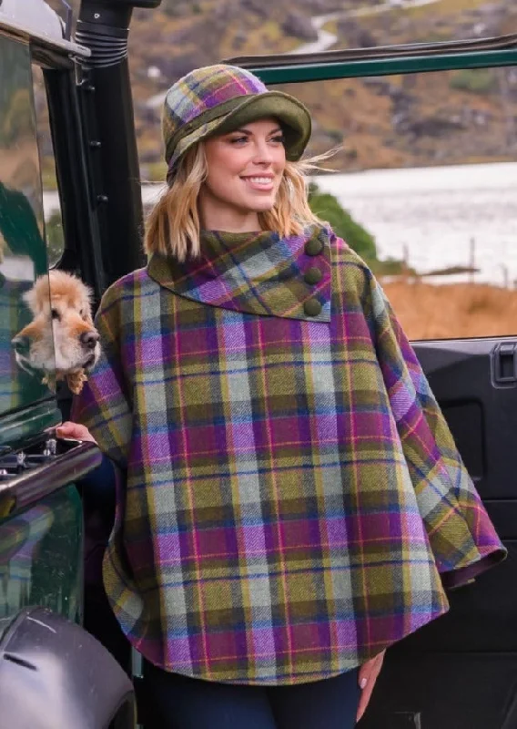 Women's Hooded Cloak for Casual Style-Mucros Irish Poncho | Green Purple Check