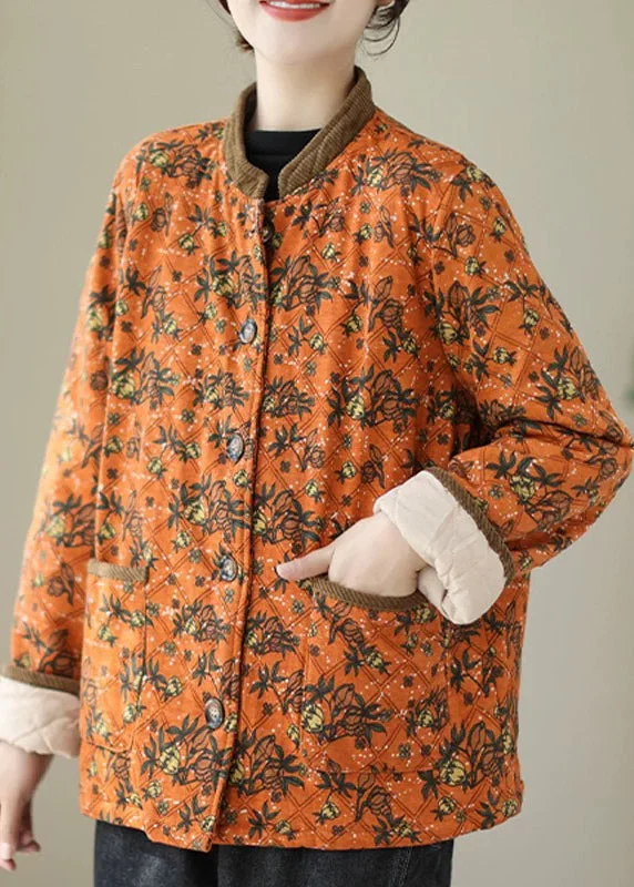 Women's Down Coat for Cold Winter Mornings-New Orange Print Pockets Thick Parkas Winter Women's Down Coat for Cold Winter Mornings-New Orange Print Pockets Thick Parkas Winter