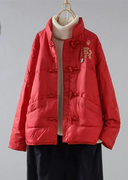 Women's Classic Down Coat-New Red Embroidered Pockets Cotton Filled Parka Winter