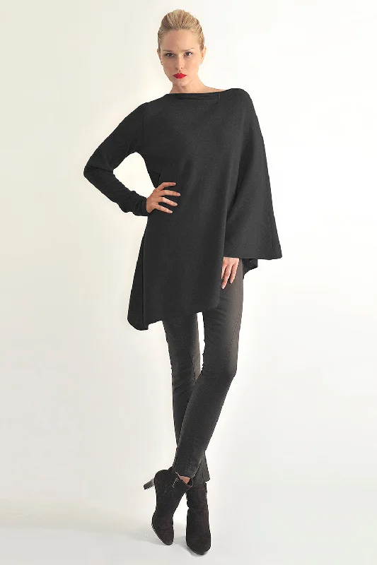 Women's Hooded Cloak with Lace Trim-One sleeve cashmere poncho in Black