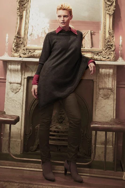 Women's Cloak with Collar Detail-One sleeve cashmere poncho in Charcoal grey