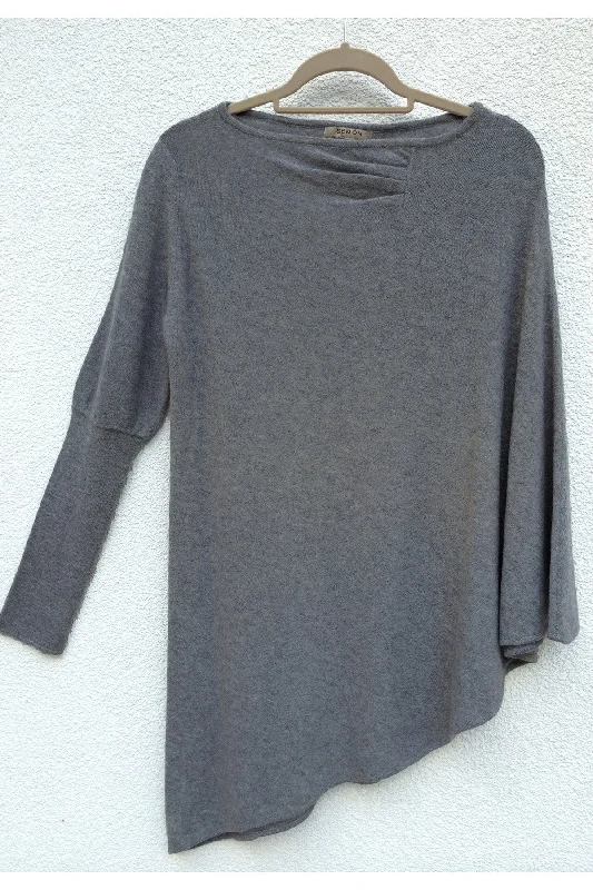 Women's Cloak for Fall and Winter Seasons-One sleeve cashmere poncho in Mid grey