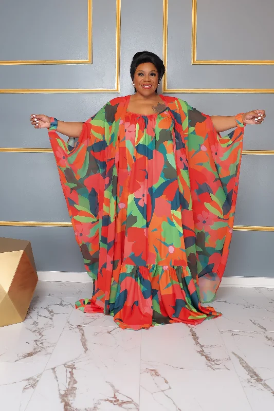 Kimono for Travel and Style-Orange Print Chiffon Duster