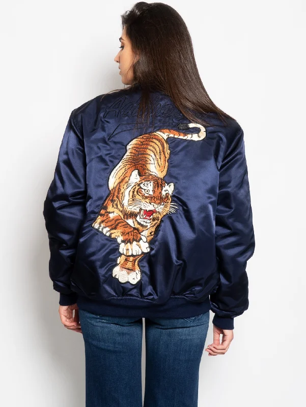 Women's Down Coat for Comfort and Warmth-Bomber Ricamo Tigre in Acetato Blu