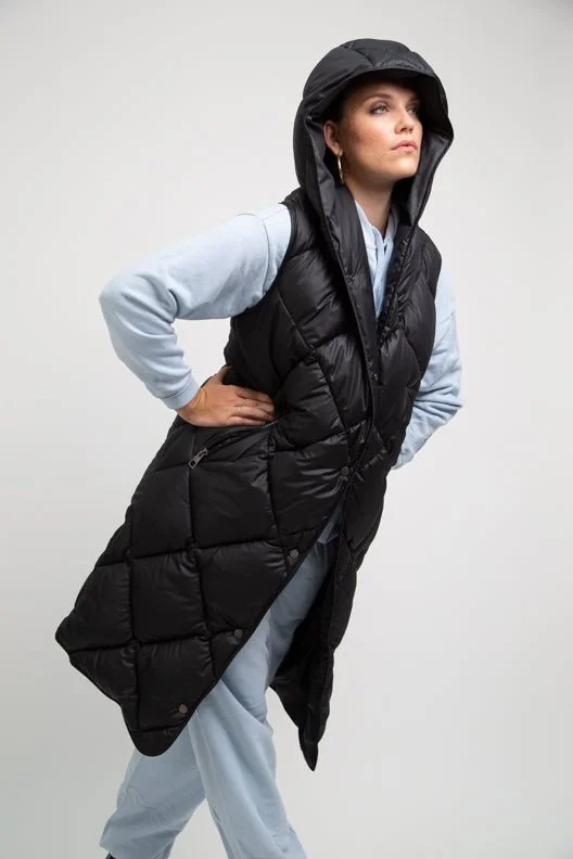 Women's Down Coat with Soft Shell-PENZANCE recycled black long sleeveless puffer jacket Women's Down Coat with Soft Shell-PENZANCE recycled black long sleeveless puffer jacket