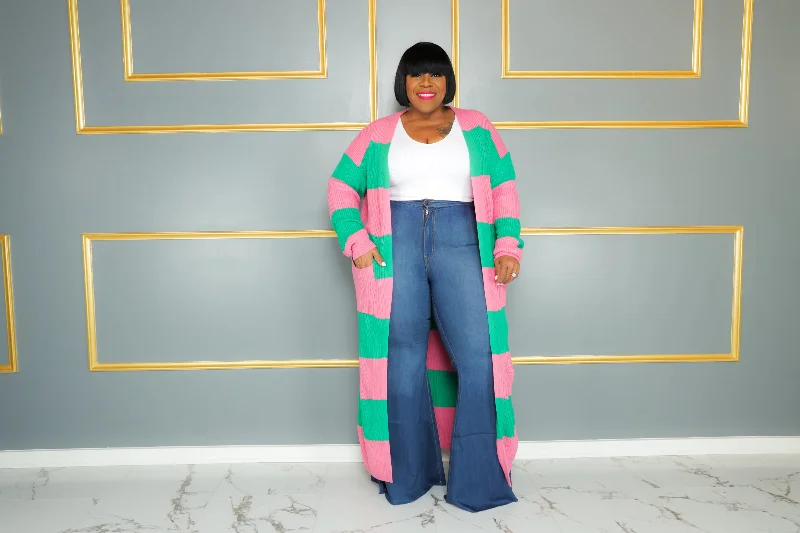 Kimono for Staycation Style-Green & Pink Stripe Knit Cardigan