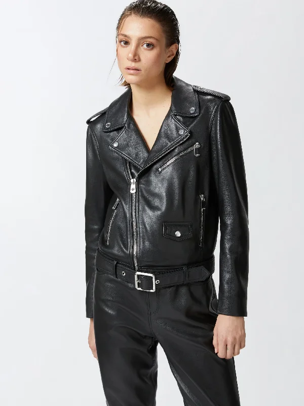 Women's Modern Down Coat with Zipper-Giacca Biker in Nappa Nero