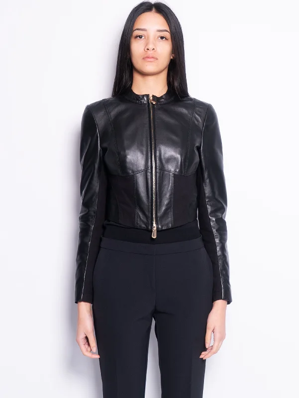Women's Down Coat with Belt-Giacca Corta Biker in Pelle e Tessuto Nero