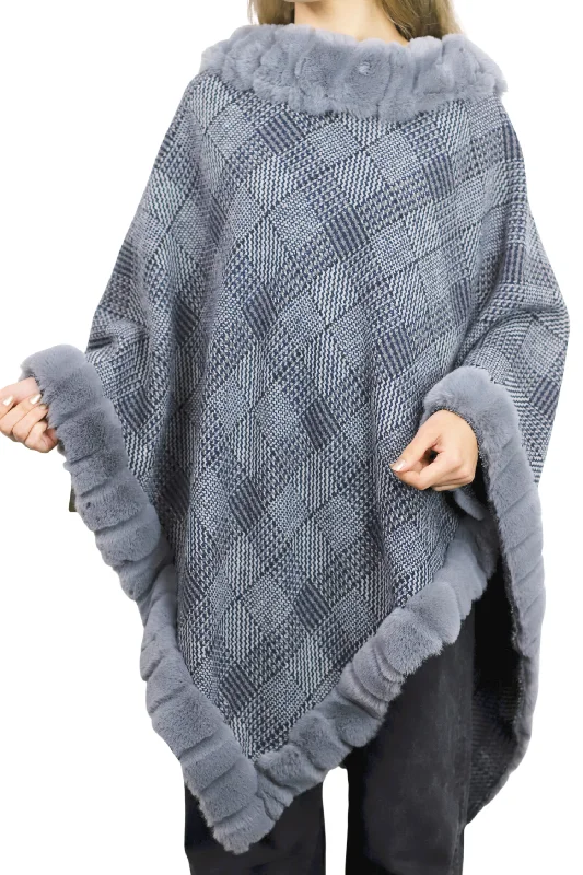 Women's Cloak for Cold Nights-Plaid Poncho with Plush Faux Trim Detail - Grey