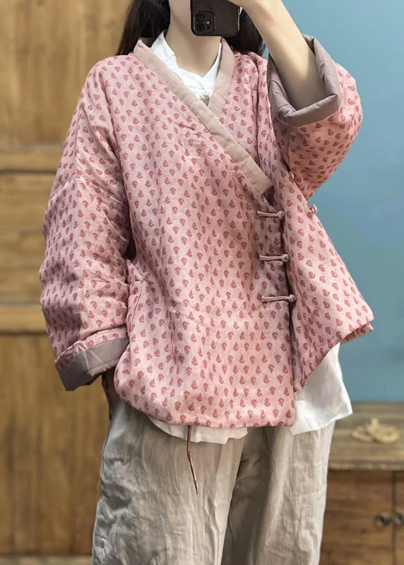 Women's Cozy Down Coat-Plus Size Pink Print Button Pockets Cotton Filled Coat Winter Women's Cozy Down Coat-Plus Size Pink Print Button Pockets Cotton Filled Coat Winter