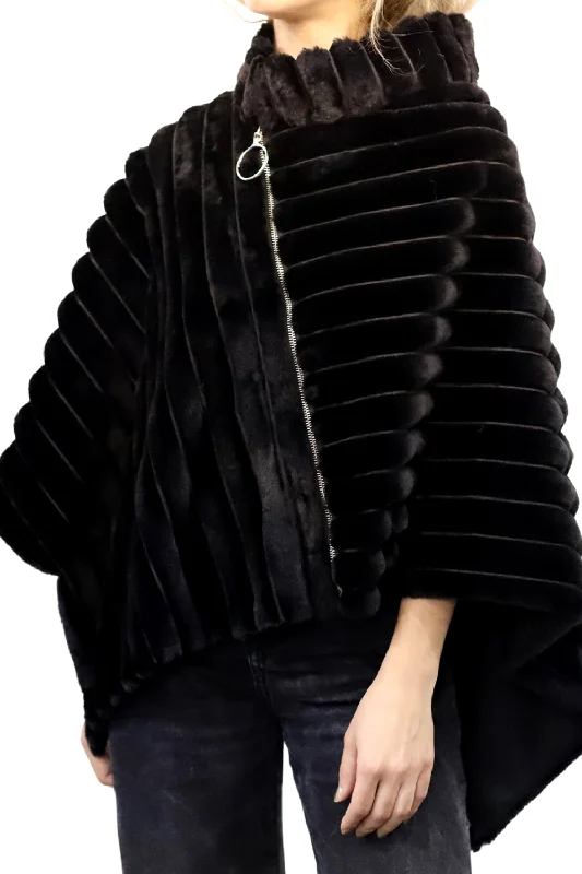 Women's Cloak for Spring Fashion-Plush Faux Poncho with Zipper Detail - Black