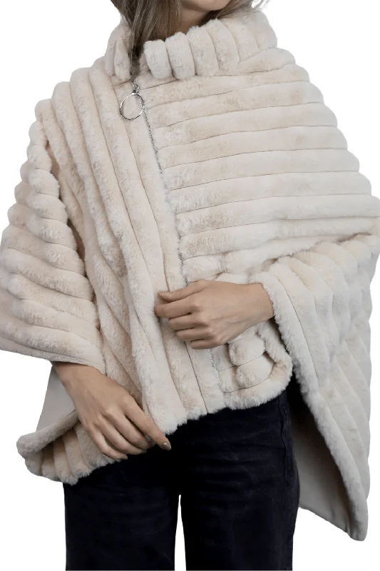 Women's Cloak with Structured Fit-Plush Faux Poncho with Zipper Detail - Taupe
