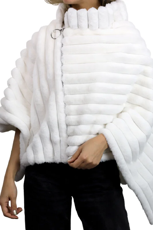 Women's Cozy Wool Cloak-Plush Faux Poncho with Zipper Detail - White
