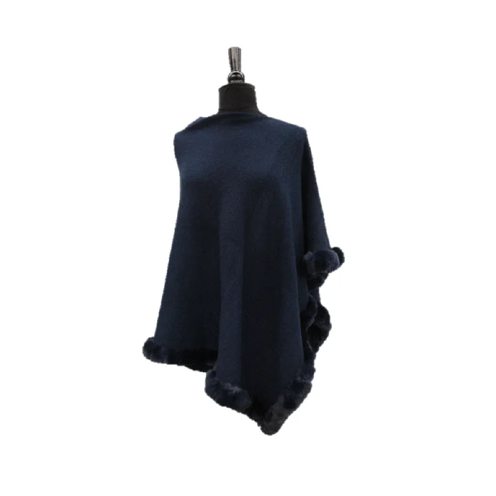Women's Cloak with Feathered Details-Poncho with Embellishments and Fur Trim - Navy