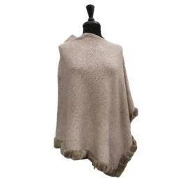 Women's Velvet Hooded Cloak-Poncho with Embellishments and Fur Trim - Oatmeal