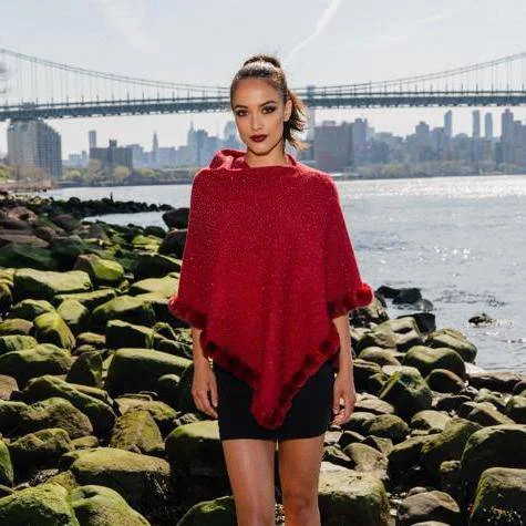 Women's Soft Wool Cloak-Poncho with Embellishments and Fur Trim