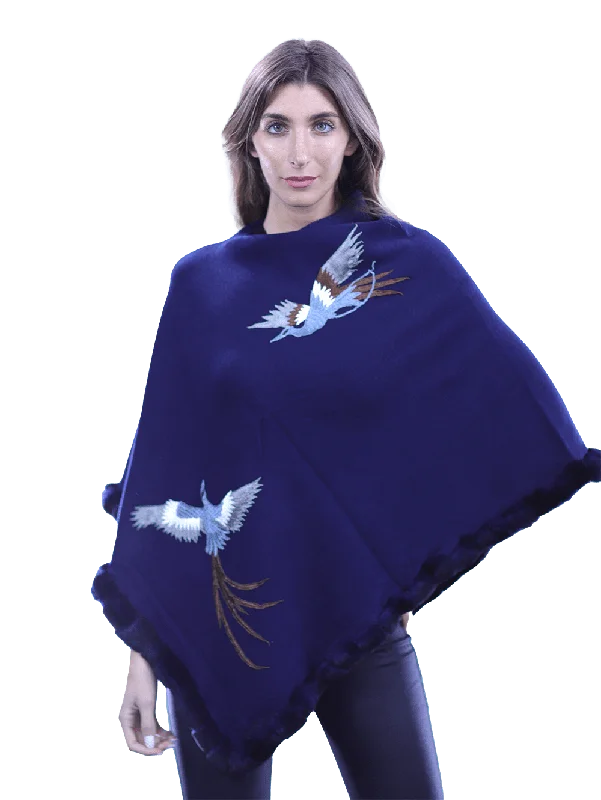 Women's Cloak for Rainy Days-Poncho with embroidery and rex trim - Navy