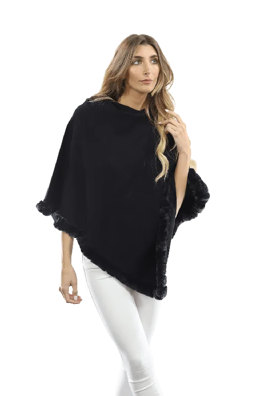Women's Cloak with Button Detailing-Poncho with Rex Rabbit Trim- Black