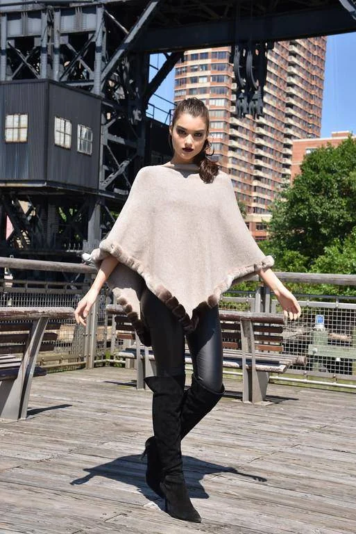 Women's Cloak with Draped Sleeves-Poncho with Rex Rabbit Trim- Ombre