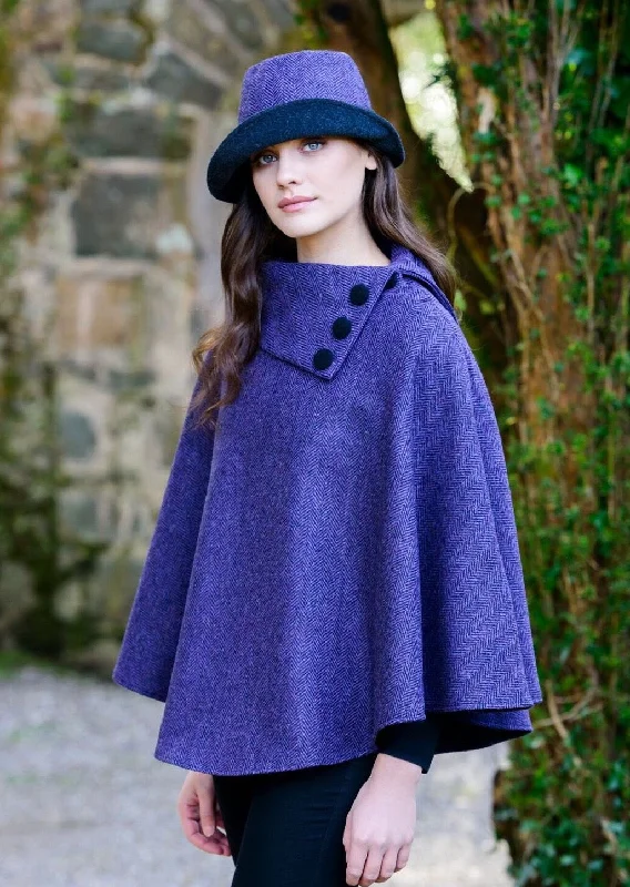 Women's Cloak with Velvety Finish-Mucros Poncho | Purple Herringbone