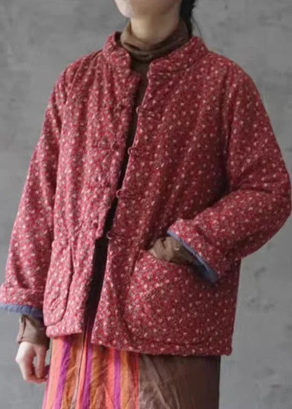 Women's Wool-Lined Down Coat-Retro Red Print Button Pockets Cotton Filled Coats Winter Women's Wool-Lined Down Coat-Retro Red Print Button Pockets Cotton Filled Coats Winter