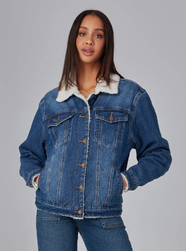 Women's Jackets with Fleece Lining-RIVER-DSB Sherpa Trucker Jacket - Deep Sea Blue